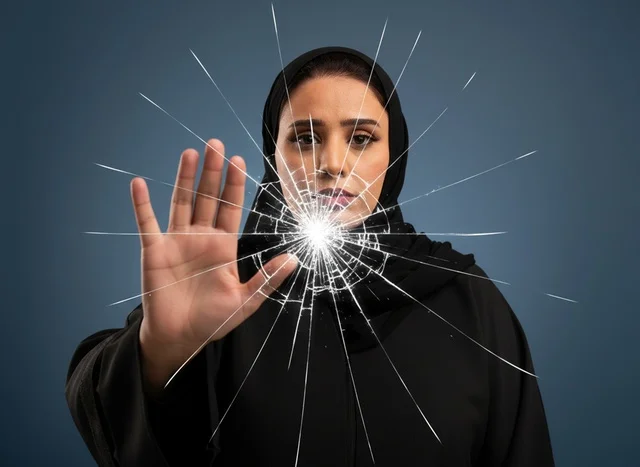 Saudi Woman in Abaya Behind Shattered Glass