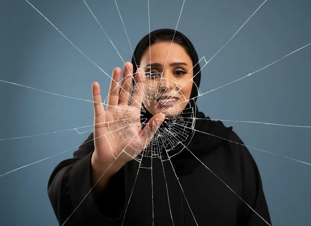 Arab Woman in Abaya Behind Shattered Glass Barrier