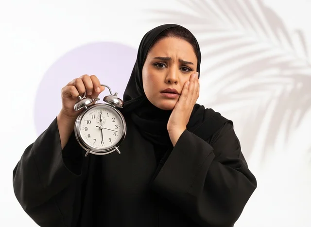 امرأة عربية بالعباءة تمسك منبه مع تعابير القلق