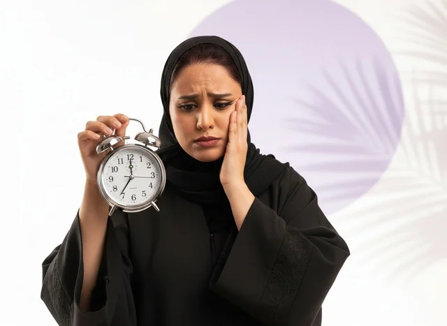 Saudi Woman in Abaya Holding Alarm Clock with Stress