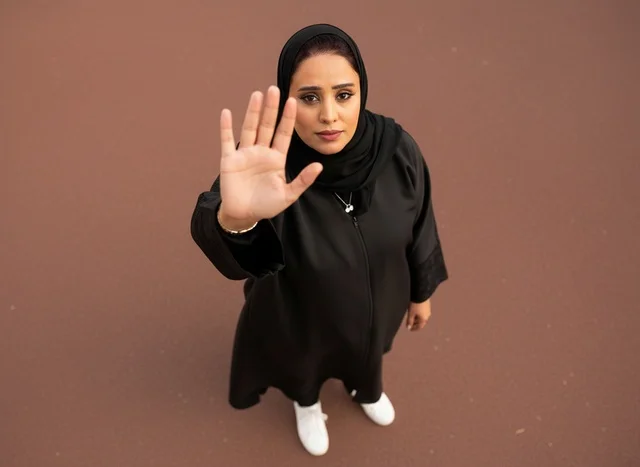 Emirati Woman in Abaya Making Stop Gesture