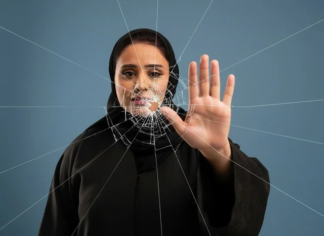 امرأة عربية بالعباءة خلف زجاج محطم