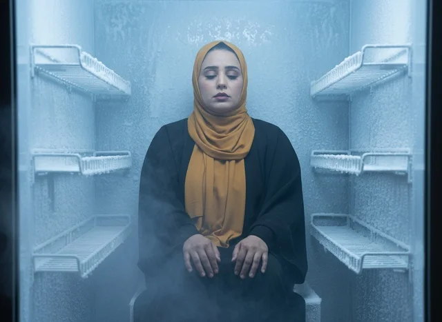 Arab Woman in Hijab Sitting in Cold Frozen Freezer