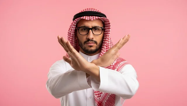 Saudi Man Making Stop Gesture Against Pink Background