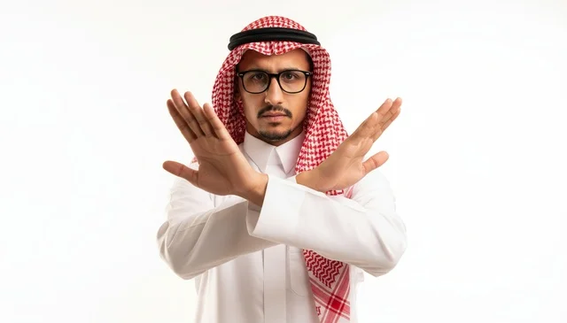 Saudi Man in Traditional Thobe Making Stop Gesture