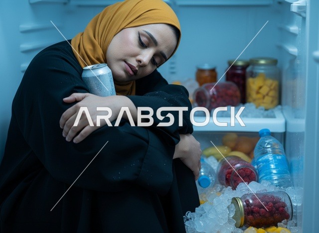 امرأة عربية تبرد داخل الثلاجة في الصيف