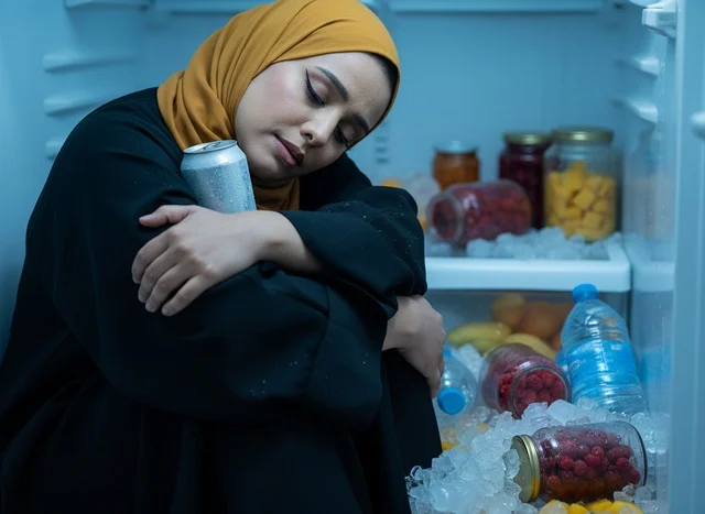 Arab Woman Cooling Down Inside Refrigerator