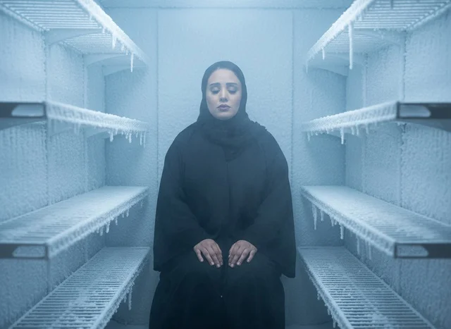 Arab Woman in Abaya Inside Industrial Cold Storage