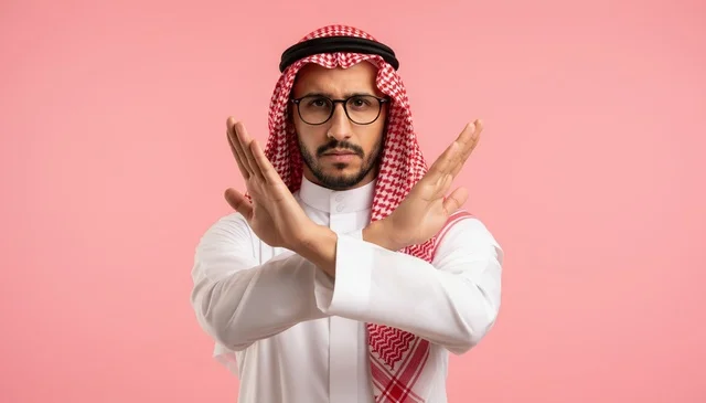 Saudi Man in Traditional Thobe Making Stop Gesture