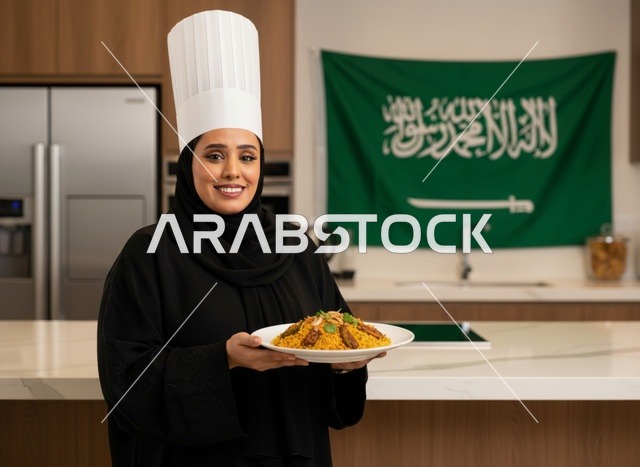 شيف سعودية في المطبخ مع طبق طعام تقليدي