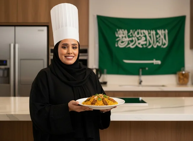 Saudi Female Chef in Kitchen with Traditional Food
