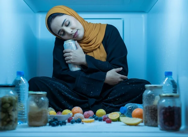 امرأة إماراتية بالعباءة داخل الثلاجة للتبريد من الحر