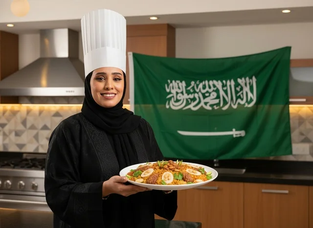 طاهية سعودية تحمل طبق كبسة مع العلم السعودي