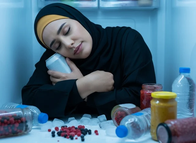 امرأة سعودية تبرد نفسها داخل الثلاجة