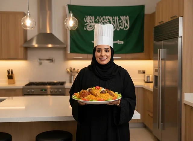 Saudi Female Chef Holding Traditional Kabsa in Kitchen