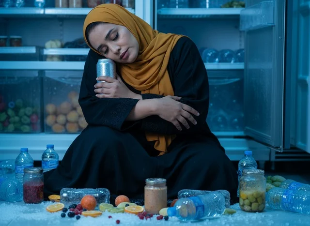امرأة إماراتية تبرد نفسها أمام الثلاجة في موجة الحر