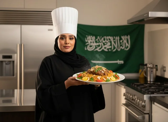 Saudi Female Chef with Traditional Food in Kitchen