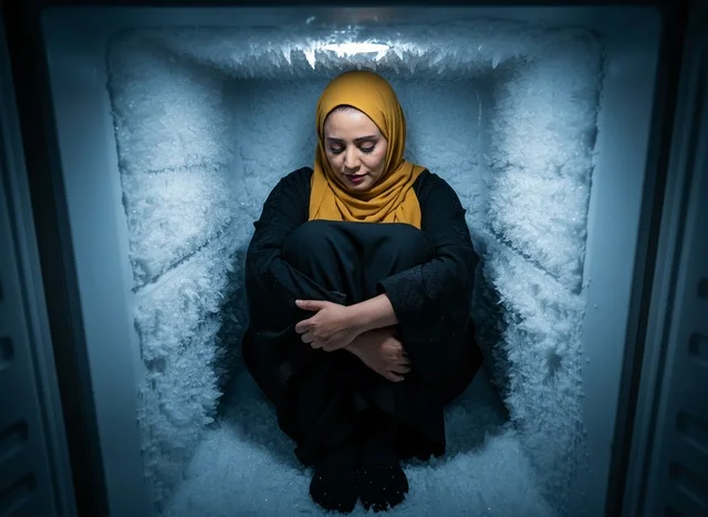 Arab Woman in Yellow Hijab Inside Freezing Ice Chamber
