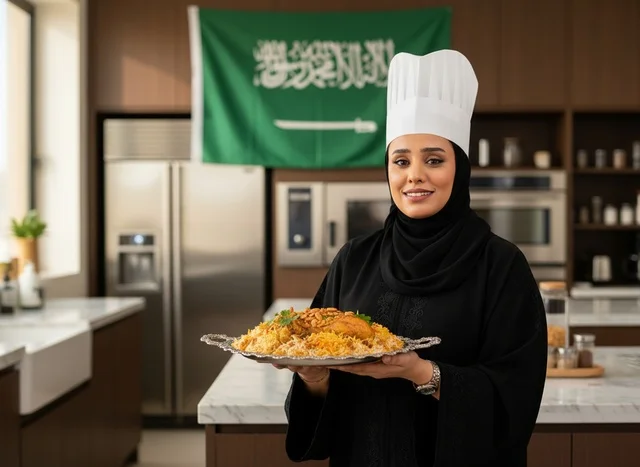 Saudi Female Chef Holding Kabsa in Kitchen
