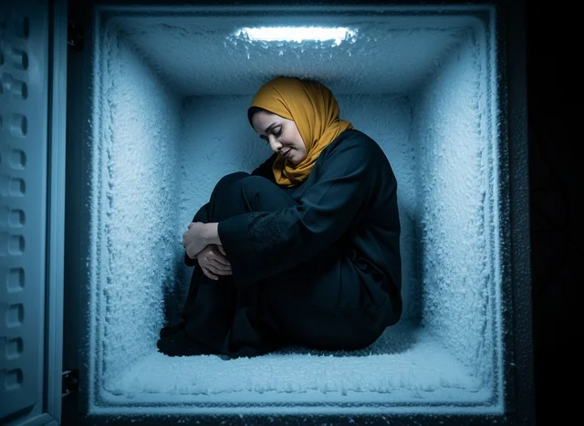 امرأة عربية بالحجاب تجلس داخل فريزر مغطى بالثلج
