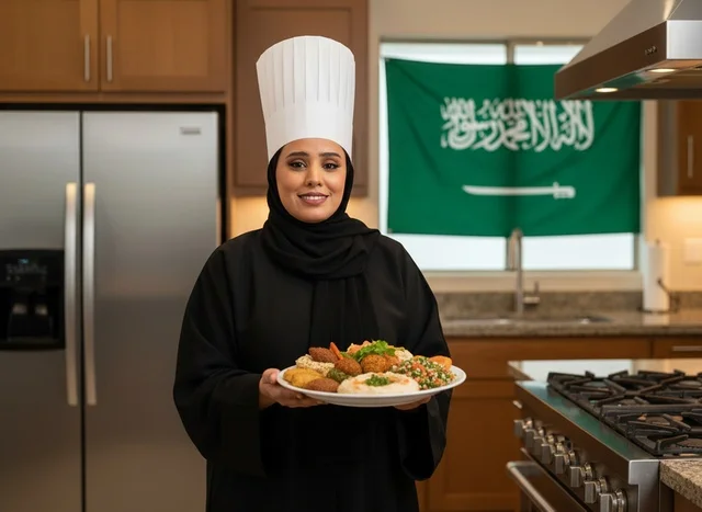 Saudi Female Chef Holding Platter in Kitchen with Flag