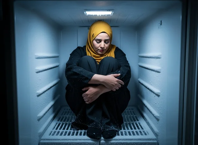 Arab Woman in Hijab Sitting Inside Cold Refrigerator