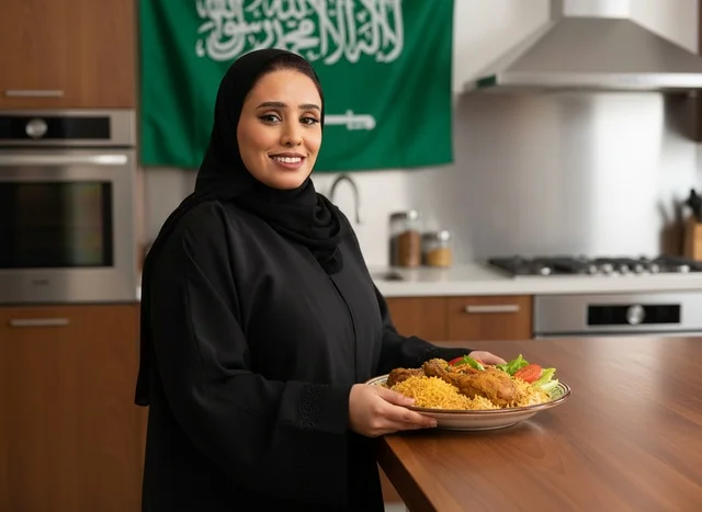 Saudi Woman Holding Chicken Kabsa with Flag in Kitchen