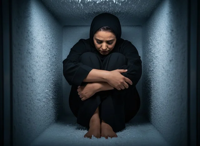 امرأة عربية بالعباءة السوداء في مساحة ضيقة ومظلمة