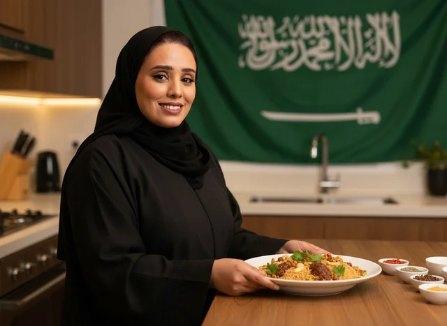Saudi Woman in Abaya Holding Traditional Kabsa Dish