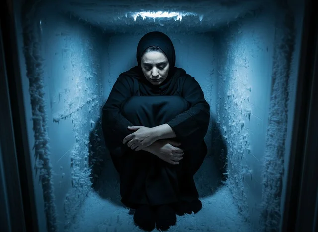 Saudi Woman in Black Abaya Inside Frosty Freezer