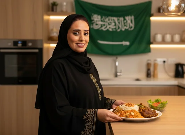 امرأة سعودية تحمل طبق الكبسة التقليدي في المطبخ