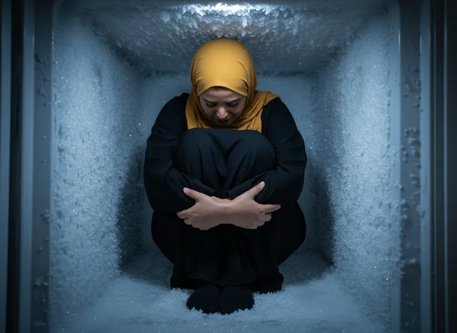 امرأة عربية بالحجاب داخل حجرة جليدية متجمدة