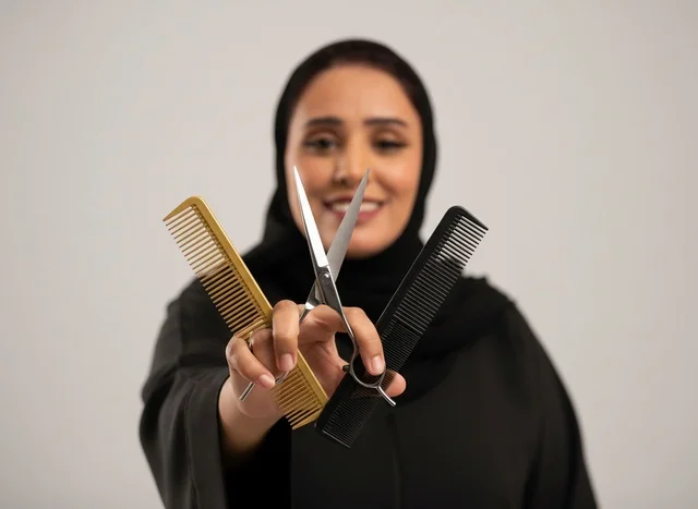 Saudi Female Hair Stylist Holding Professional Scissors and Combs