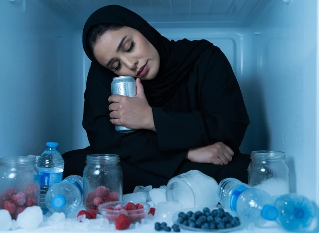 Arab Woman in Abaya Cooling Inside a Refrigerator