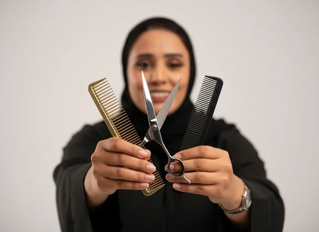 Saudi Female Hairstylist Holding Professional Salon Tools