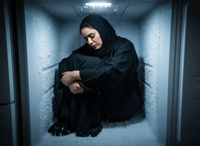 Arab Woman in Abaya Sitting Inside Frozen Freezer