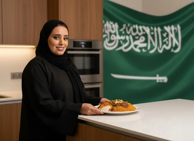 Saudi Woman in Abaya with Traditional Food and Flag