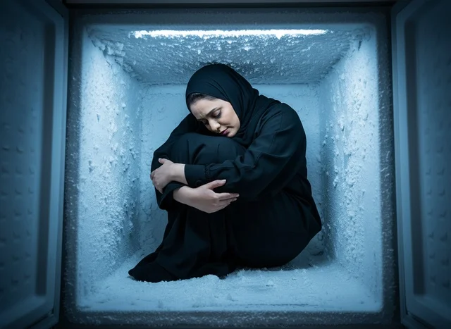 Arab Woman in Abaya Huddled in Frozen Freezer