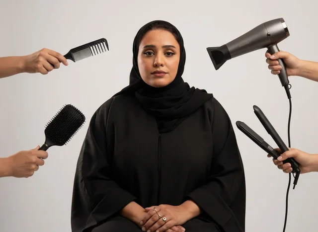 امرأة سعودية بالعباءة مع أدوات تصفيف الشعر