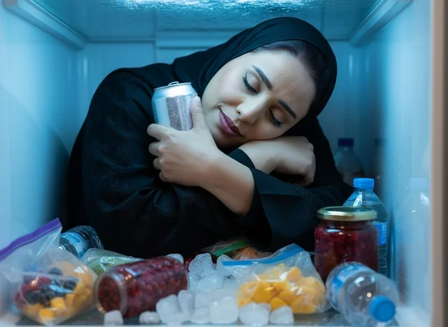 Arab Woman Wearing Abaya Cooling Inside Refrigerator
