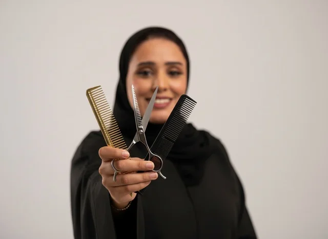 Saudi Female Hair Stylist Holding Professional Scissors Saudi Female Hair Stylist Holding Professional Scissors