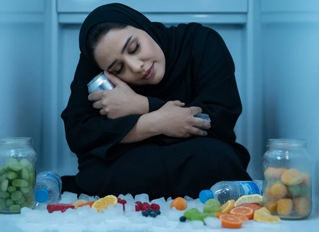 Arab Woman in Abaya Inside Refrigerator with Ice