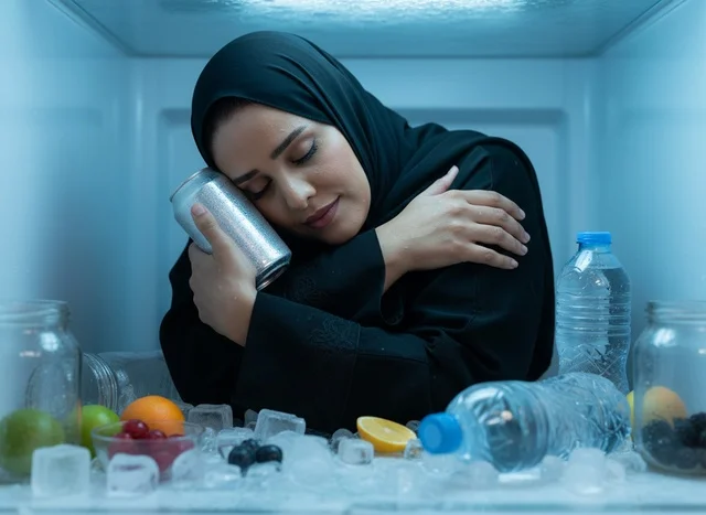 امرأة عربية تبرد نفسها داخل الثلاجة مع الثلج