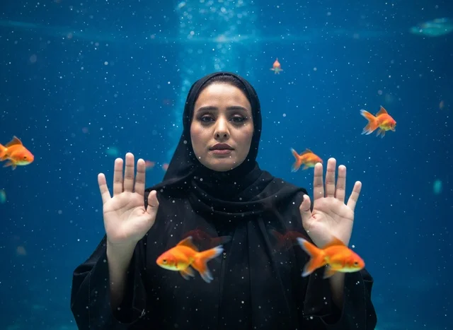 Emirati Woman in Abaya Behind Aquarium Glass with Goldfish