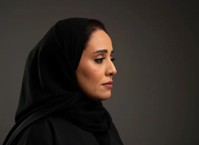 Sad Middle Eastern Woman in Abaya Crying Side Profile