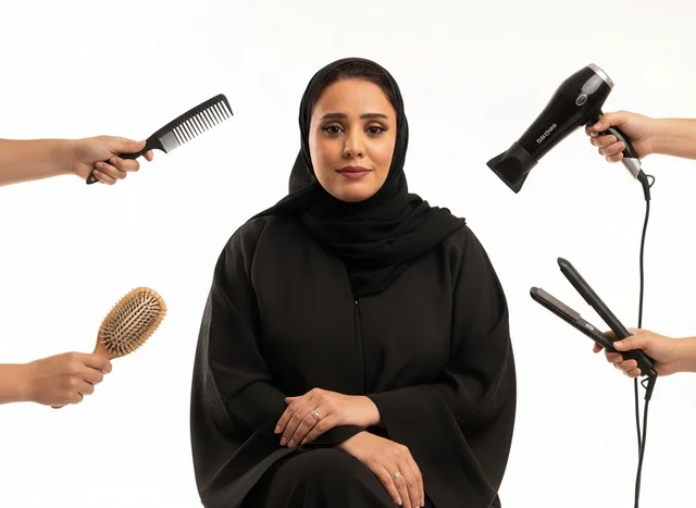 امرأة سعودية مع أدوات تصفيف الشعر خلفية بيضاء
