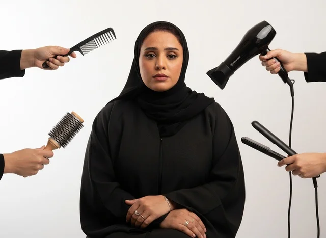 امرأة سعودية مع أدوات تصفيف الشعر في استوديو