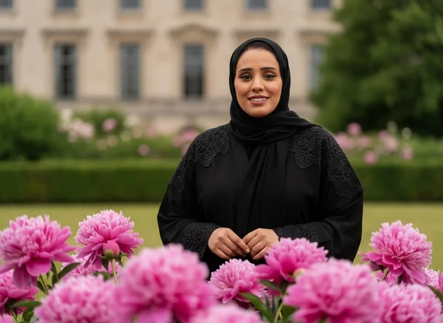 Saudi Woman in Traditional Abaya with Pink Flowers