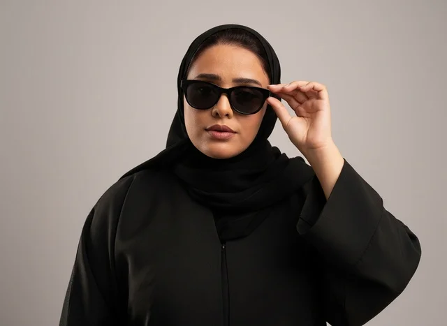 امرأة سعودية بالعباءة السوداء والنظارات الشمسية تصوير استوديو