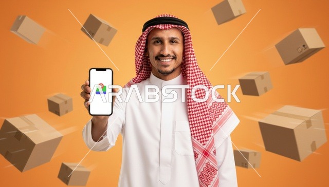 رجل سعودي يحمل هاتفاً ذكياً مع صناديق شحن للتجارة الإلكترونية